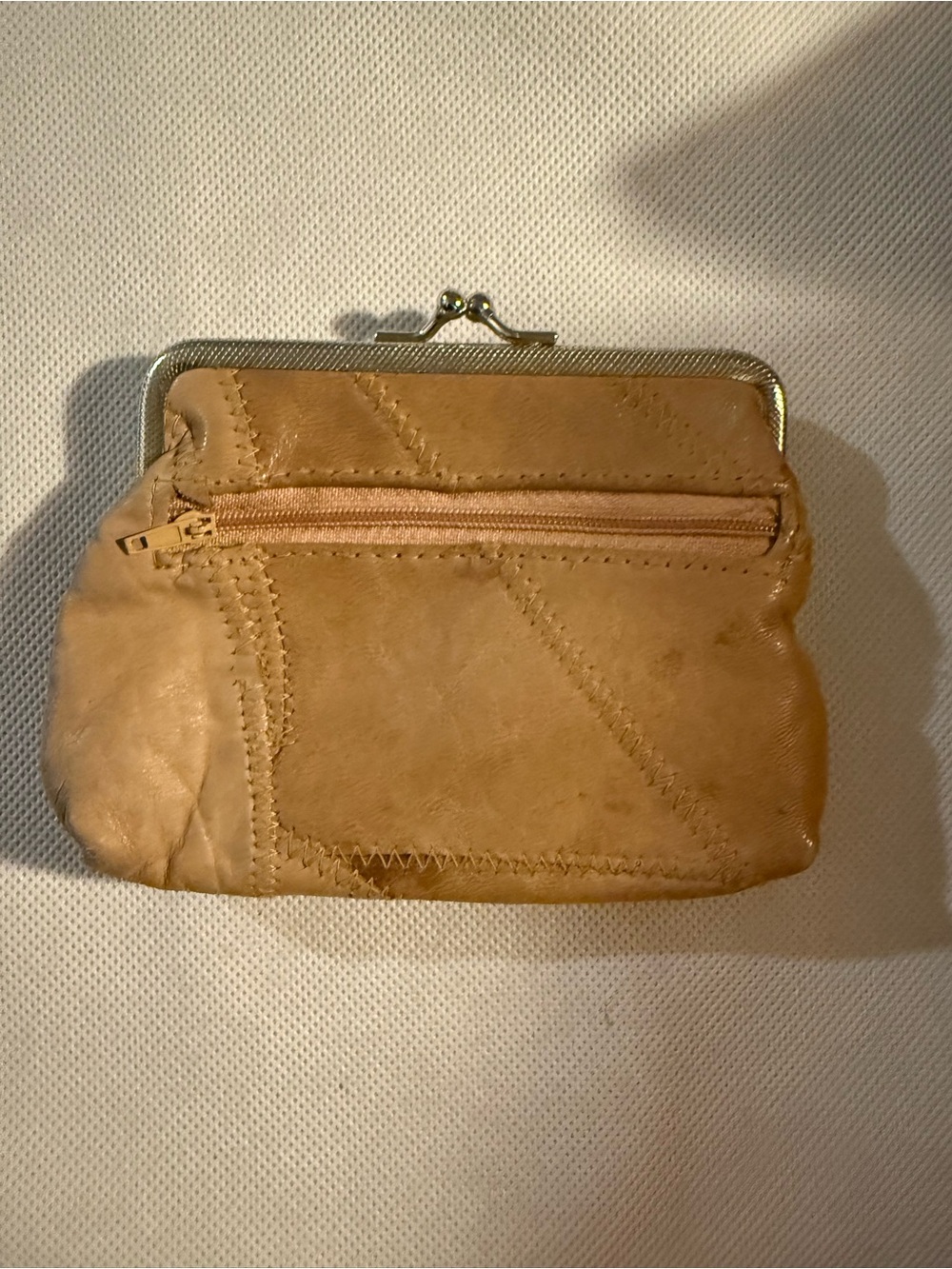 Soft Tan Leather Kiss-Lock Coin Purse with Exterior Zip Pocket
